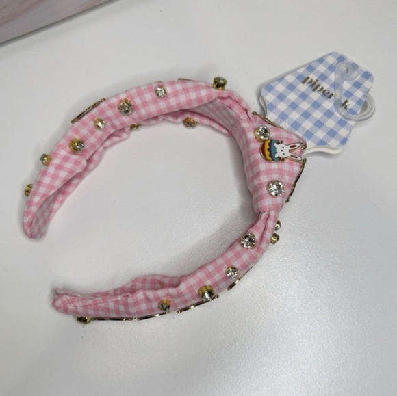 🐇🔹️Piper K 🔹️Pink Gingham  Bunny Carrots  Accent Easter Egg Headband - Picture 2 of 7